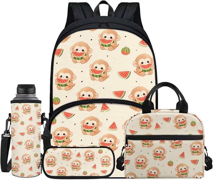 Monkey Backpack for Kids Boys Girls School Bag Set 4 in 1 Cartoon Monkey Watermelon Bookbag Lightweight 17 Inch Travel Backpack with Lunch Box Pencil Case Water Bottle Holder Daypack by Jndtueit