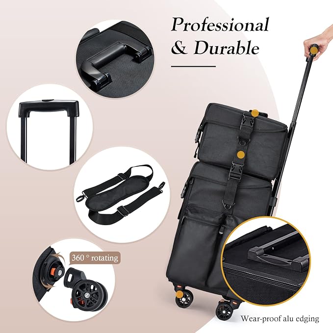 Stagiant Professional Rolling Makeup Case Soft Sided Cosmetology Organizer Wheeled Nylon Train Case Portable Travel Supply Station for Makeup Artist Nail Technician Hair Stylist Crafters - Image 5