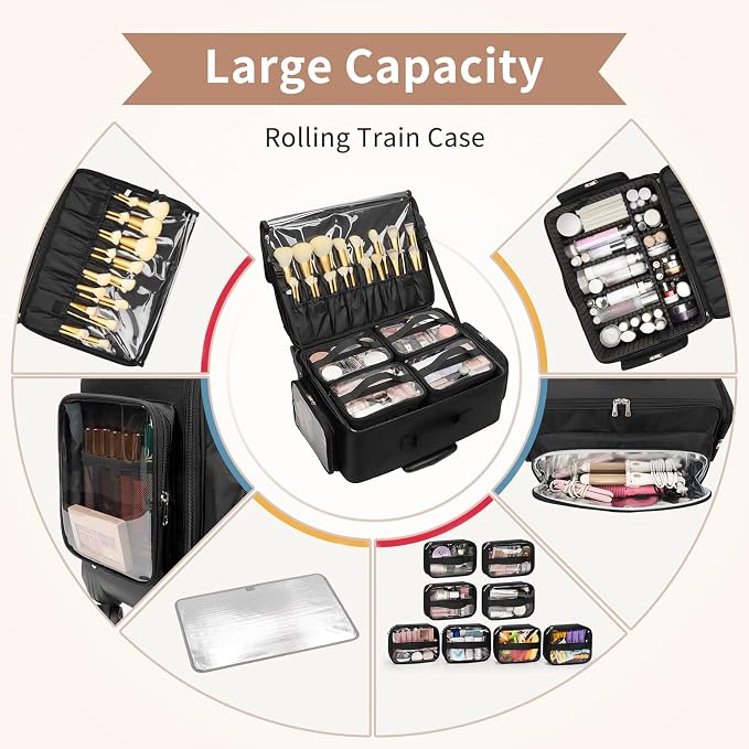 Bagmoly Rolling Makeup Case with 8 Removable Makeup Bags, Makeup Train Case on Wheels Cosmetology Case, Professional Makeup Artist Set Bags Trolley Suitcase Makeup Cart with Adjustable Dividers - Image 6