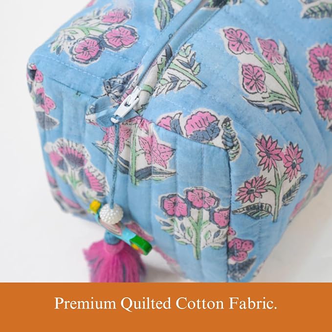 Saffron Marigold Quilted Makeup Bag Set of 3, Hand Block Printed Cotton Cosmetic Bags for Women, Waterproof Lined Travel Toiletry Bag, Coquette Floral Aesthetic, Handmade Gift, Denim Rose - Image 4