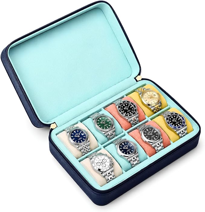 8-Slot Leather Watch Travel Case Organizer for Men, Pool Party Blue | Multiple Watch Capacity,Premium Hexagon Leather,Velvet M-Shaped Cushions,Secure Snap Closure,Storage Organizer by Unknown