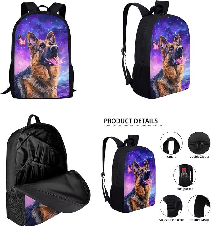 German Shepherd Backpack with Lunch Box Galaxy Bookbags for 1st Grade Girls 4-6/6-8 Butterfly Elementary School Back Pack Lunch Bag Pencil Case Water Bottle Holder 4 in 1 Set Book Bags - Image 2