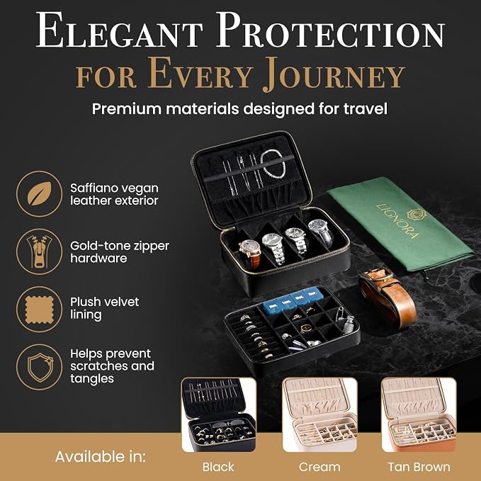 Jewelry Box for Travel – Premium Leather Jewelry Box for Women & Men with Gold-Tone Zipper Hardware, Multi-Compartment Jewelry Organizer, (Black) - Image 3