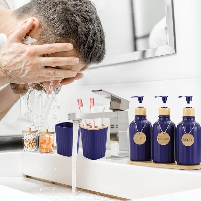 XLHOMO Navy Blue Bathroom Accessories Set 17PCS Bathroom Set with Trash Can 3PCS Lotion Soap Dispenser, Toothbrush Holder,6PCS Wood Tags Bath Accessories with Tray for Kitchen Bathroom - Image 3
