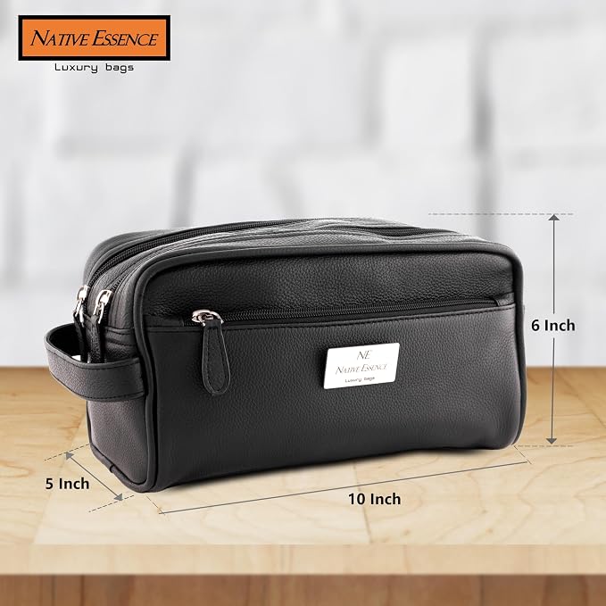 NATIVE ESSENCE Genuine Leather Toiletry Bag for Men & Women, Black | Dopp Kit, 2 Compartments, Travel Shaving & Grooming Organizer - Image 5