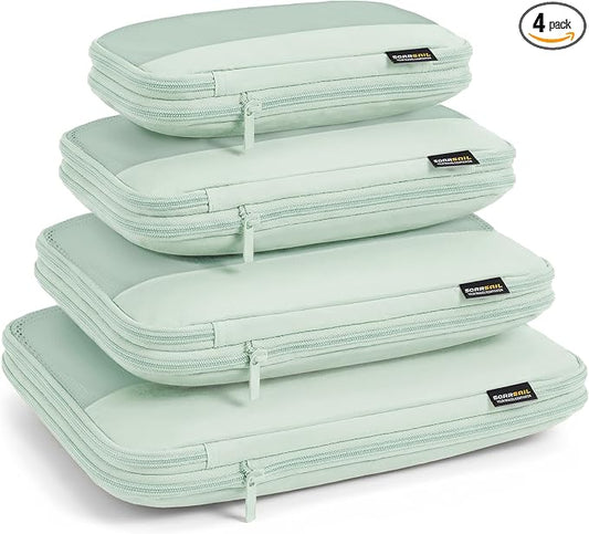 4 Piece Compression Packing Cubes for 3–7 Day Travel, Light Green | Wrinkle-Resistant Memory Fabric, Breathable Mesh Panel, Double-Zipper, Small to Large Size Bag, Smart Organization by SOARSAIL