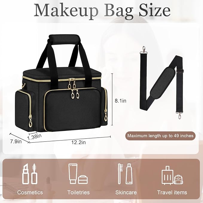 GDNasist Large Makeup Bag, Portable Travel Makeup Bag Organizer for Women Girls with Removable Shoulder Strap & Detachable Dividers, Cosmetic Travel Bag, Toiletry Bag for Makeup - Image 3