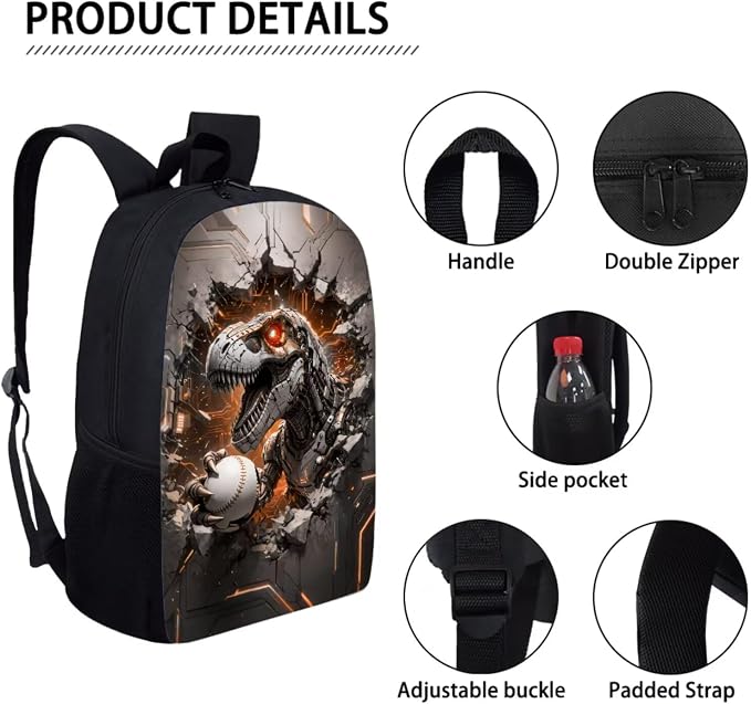 Forchrinse Kids Backpacks for Boys Ages 9-11 Dinosaur School Backpack with Lunch Box Pencil Case 3 Pcs Baseball Bookbag for Kindergarten Elementary Daypack - Image 6