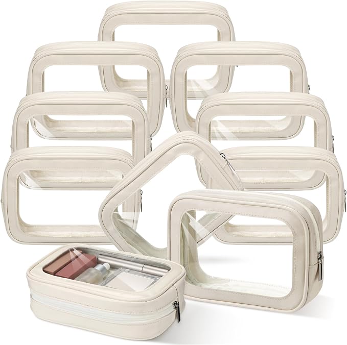 Abbylike 10 Pcs Clear Makeup Bags Bulk Tsa Approved Clear Toiletry Bags with Zipper PU Leather Waterproof Travel Makeup Organizer for Women Wedding Bridal DIY Gifts Bachelorette Party (Beige) by Abbylike