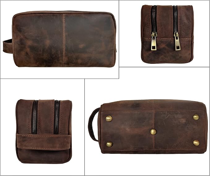 RUSTIC TOWN Full Grain Leather Travel Toiletry Bag - Cosmetic Ditty Kit Organizer (Dark Brown) - Image 5