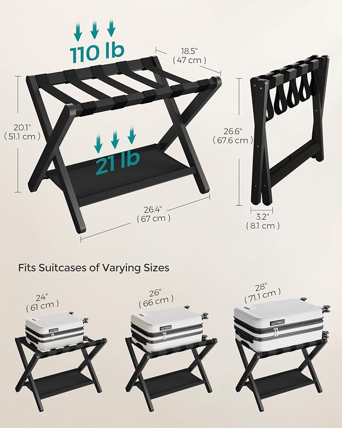 SONGMICS Bamboo Luggage Rack for Guest Room, Set of 2, Folding Suitcase Stand with Fabric Storage Shelf, for Hotel, Bedroom, Heavy-Duty, Holds up to 131 lb, Ink Black URLR007B02 - Image 5