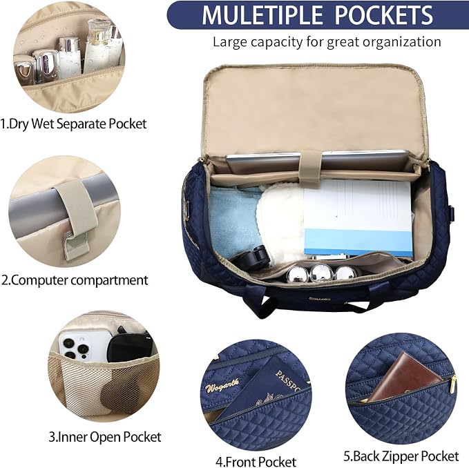 Wogarl 3PCS Weekender Bags for Women Large Overnight Bag Weekend Travel Duffel Bag Carry on Shoulder with Shoe Compartment Canvas Toiletry Bag for Travel Business Gym,Dark Blue - Image 3