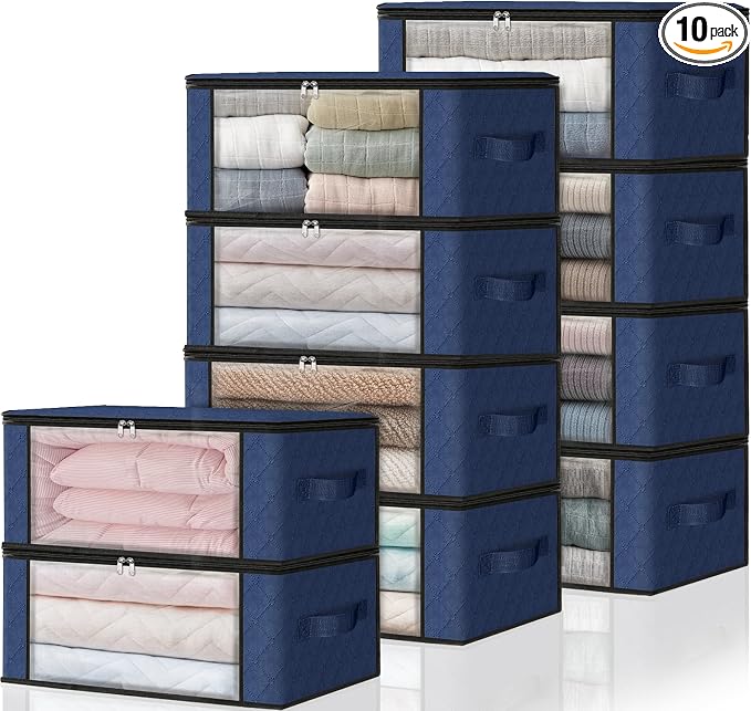 HomeHacks Storage 10-Pack Clothes Organizer Storage Bags Foldable Storage Box with Large Clear Window Sturdy Handles for Closet, Dorm, Pillows, Bedding, Clothes, Blankets, 35L, Blue by HomeHacks