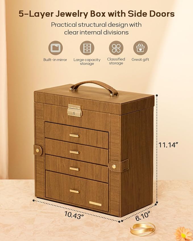 Homde Synthetic Leather Huge Jewelry Box Mirrored Watch Organizer Necklace Ring Earring Storage Lockable Gift Case (Brown + Gold) - Image 2