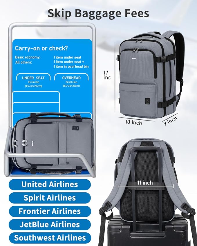 WANDF Travel Backpack For Spirit Airlines Personal Item Bag 18x14x8 with Wet Pocket, 17 Inch Laptop Backpack for Men Women | Frontier Airline Underseat Fit, Fits 17" Laptop, 180°Opening, Travel Backpack - Image 3
