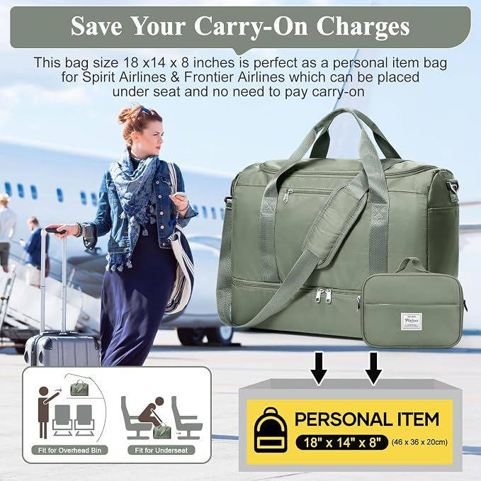 Travel Duffel Bag,Carry-On Overnight Weekender Bags with Shoes Compartment | Travel Bag with Wet Pocket & Toiletry Bag,For Spirit Airlines 18x14x8 Personal Item Bag,Small,Olive Green - Image 9