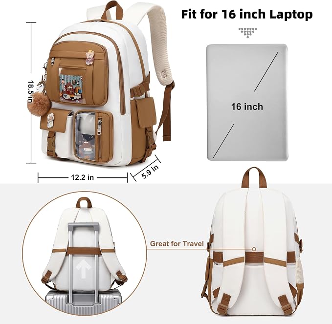 LXYGD Laptop Backpacks 16 Inch School Bag College Backpack 3 PCS with Lunch Box Pencil Pouch Set Large Travel Daypack Kawaii Bookbags for Teens Girls Women Students (Beige Khaki) - Image 6