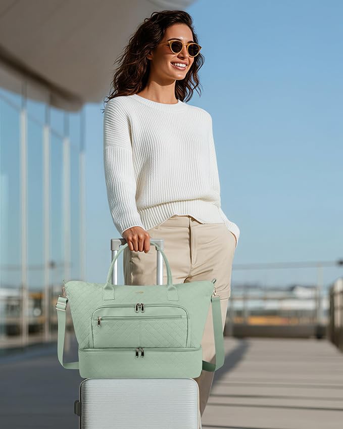 HOTOR Travel Duffle Bag for Women - Carry on Bag with Toiletry Pouch & Shoe Compartment, Large Overnight Weekender Bags for Gym, Business Trips, Sports and Hospital, Green, 17.3" x 7.9" x 13.4" - Image 3