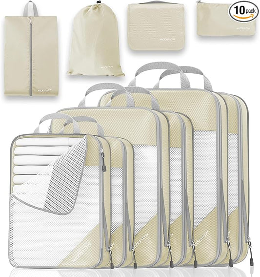 Compression Packing Cubes 10 Set, Compressible Space-Saving Packing Cubes for Travel - Compression Bags, Luggage Organizer, Travel Essentials for Women, Beige by NICOSHOW