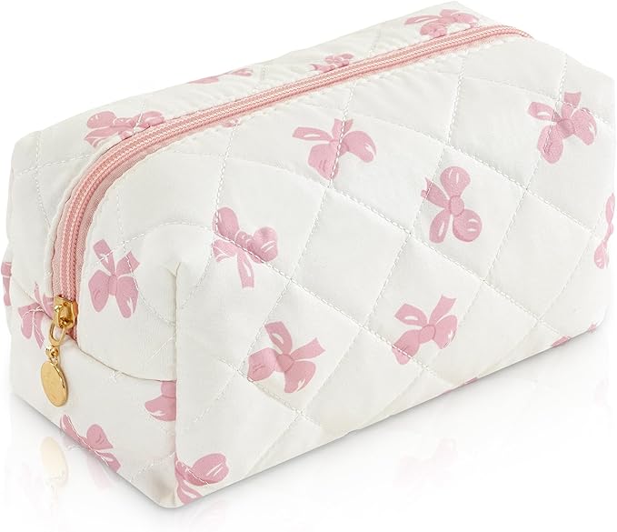 Makeup Bag Travel Toiletry Bag for Women, Small Cosmetic Bags Cute Quilted Cotton Makeup Pouch for Purse Emergency Bag Pencil Case Accessory Bag, Pink Bow by Unknown