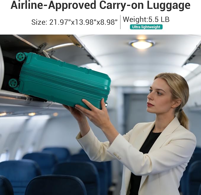 Kono Carry On Luggage Set Airline Approved with Spinner Wheels | Lightweight PC+ABS Carry On Suitcase with TSA Lock Durable Luggage Hardside Turquoise - Image 5