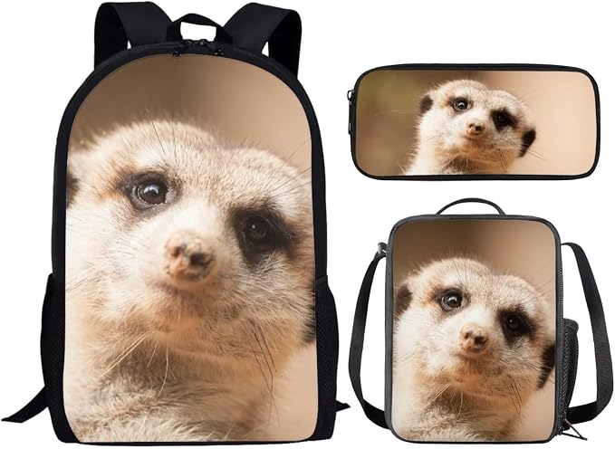 Kids Novelty Animal Backpack and Lunch Box for Boys Girls Student Lightweight 17 Inch School Meerkat Backpack with Lunch Bag Pencil Case Kids Comfy Padded Black Large Bookbag - Image 2