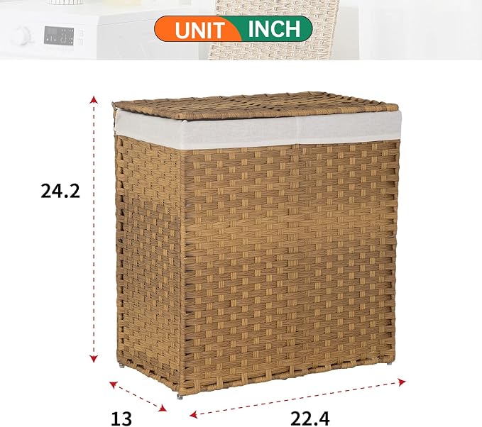 Paylesshere Laundry Basket Handwoven Laundry Hamper 90L/110L Foldable Rattan Laundry Hamper With Lid,2 Removable Liner Bags & 6 Bags,Clothes Bathroom Basket,Natural - Image 8