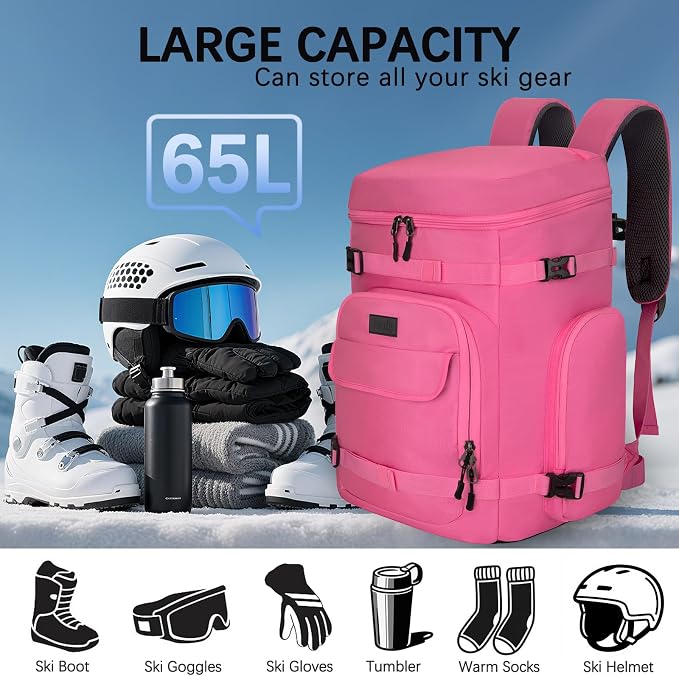 65L Waterproof Ski Boot Bag, Heavy Duty Snowboard Backpack for Helmet Goggles Gear, Air Travel Winter Sports Bag - Image 2