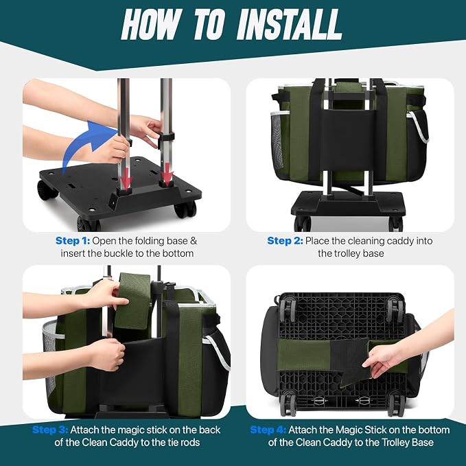 Large Rolling Cleaning Caddy Bag with Detachable Trolley, Full Support Plates for Professional Cleaning Supplies Bag, Organizer Bag with 4 Universal Wheels for Housekeepers, Car Wash (Green) - Image 3
