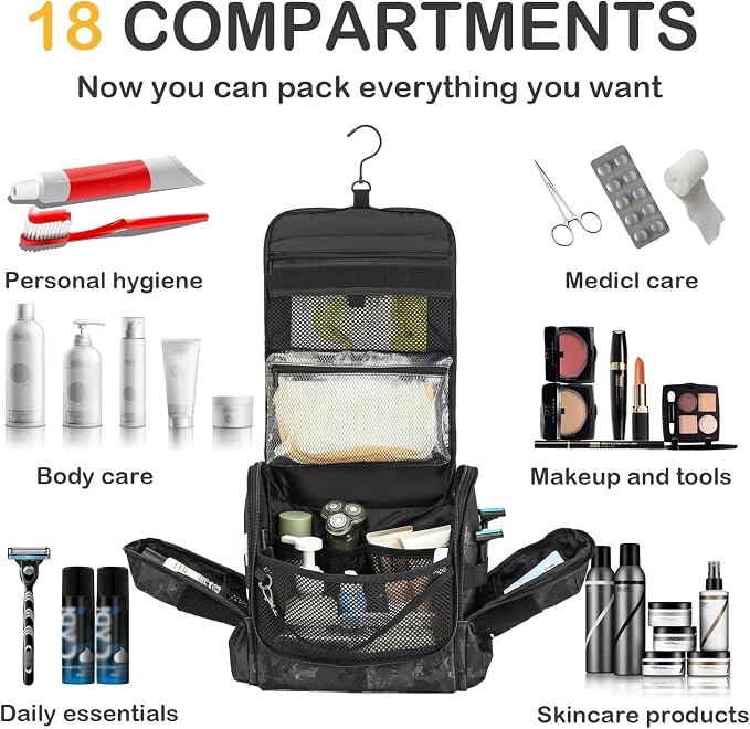 Toiletry Bag for Men - Hanging Dropp Kit Mens Toiletry Travel Bag for Toiletries, Traveling & Shaving Kit, Hygiene Bag Shower Bathroom Organizer with Handle & Swivel Hook, CM Black - Image 4
