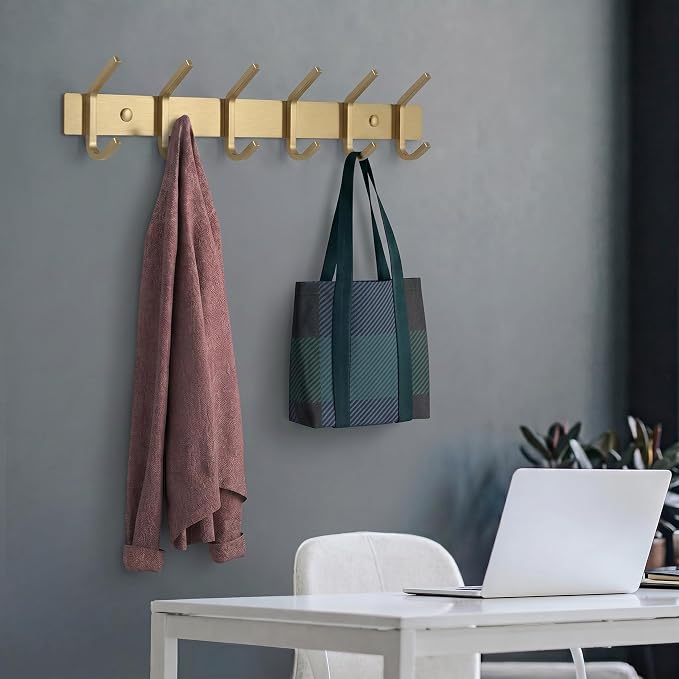 Brushed Gold Wall Mounted Coat Rack – 17 Inch Stainless Steel Rail with 6 Double Coat Hooks for Entryway, Bathroom, Bedroom, Kitchen – Modern Gold Hook Rack for Coats, Hats, Towels - Image 5