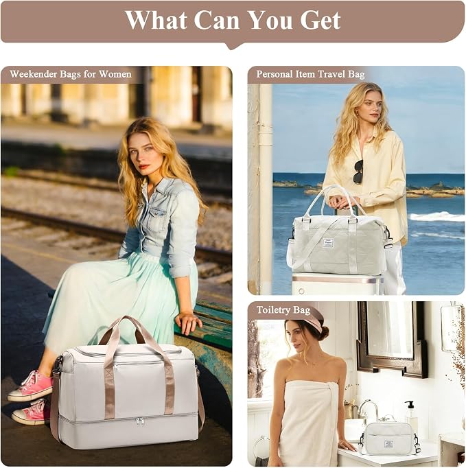 Extra Large Travel Duffle Bag,Carry on Overnight Bag with Shoes Compartment,Weekender Bags for Women for Travel Business Trips Sport Hospital,3 Pcs Set,Beige & Brown - Image 9