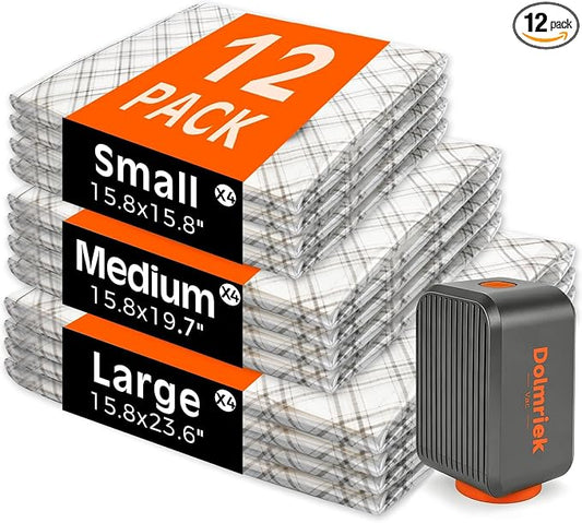 12pcs Vacuum Seal Bags for Clothing Travel, Cordless Pump, Carry-on Size Compression Packing Bags, 4000Pa Suction & 2000mAh Battery, Vacuum Storage Bags for Clothes, Luggage, Suitcase, Space Saver by DolmriekTravelVacuumBags