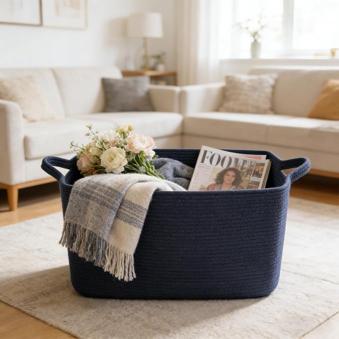 65L Collapsible Woven Rope Laundry Basket with Handles,Navy | 21x16x12 Foldable Rectangular Blanket Basket for Toys, Clothes & Pillows,Ideal for Nursery, Bathroom, Bedroom, Living Room - Image 4