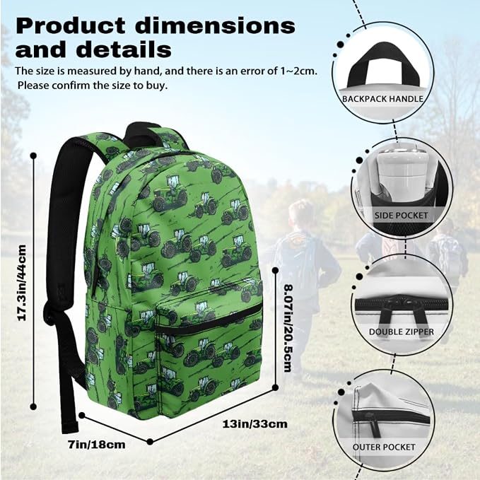 Tractor Boys School Bag with Lunch Box Pencil Case Water Bottle Sleeve Green 4 in1 Set Boys Backpacks Ages 8-10 6-8 Kids Bookbag for Elementary Middle Travel Outdoor Daypack - Image 3