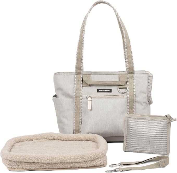 Cleverpup Transit Tote Dog Carrier for Small Dogs Under 8 lbs, 16x11x8 Soft-Sided 4-Pc Set with Waterproof Base, Plush Insert, Food Pouch, Mesh Head Opening - Small, Sand by Cleverpup