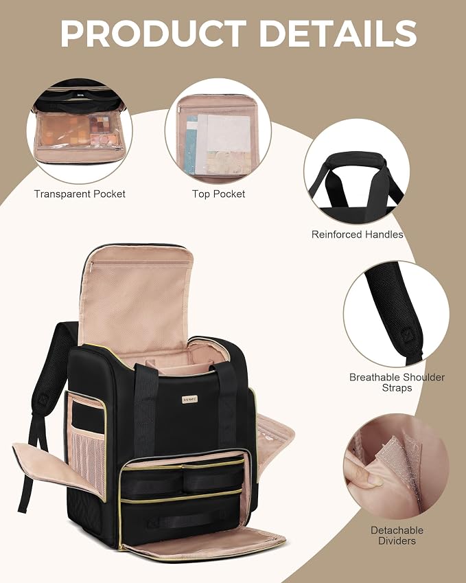 BAFAMYE Large Travel Makeup Bag with 2 Removable Case, Dual-Shoulder Multi-Functional Cosmetic Bag,Double Layer Big Capacity, Portable Toiletry and Skincare Storage Pouch Black - Image 4