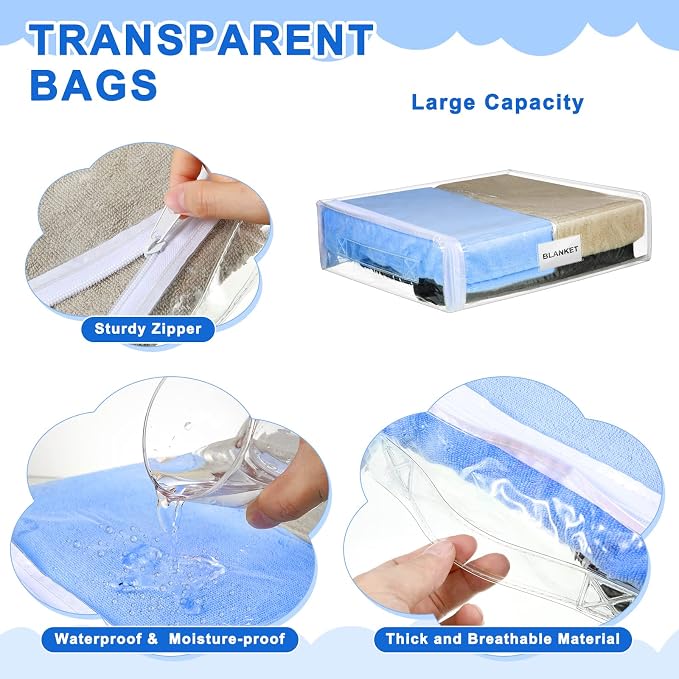 Kenning 20 Pcs Clear Zippered Storage Bags for Sheet Plastic Sweater Bag with Handle and Label Pocket Vinyl Stackable Closet Organizer Moving Bag for Bed Blanket Clothes Pillow(White,12 x 10 x 4 Inch) - Image 3