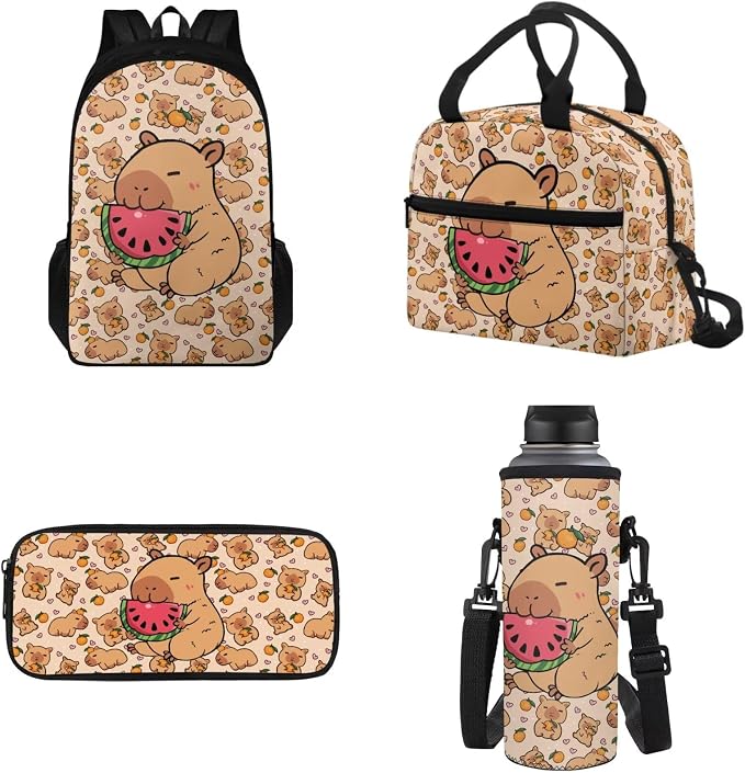 Capybara Watermelon Backpack Set for Girls Include Insulated Lunch Bag and Pencil Box and Water Bottle Bag, Kids 4 Pcs School Bookbag Outdoor Travel Bags Casual Daypack by Tomeusey