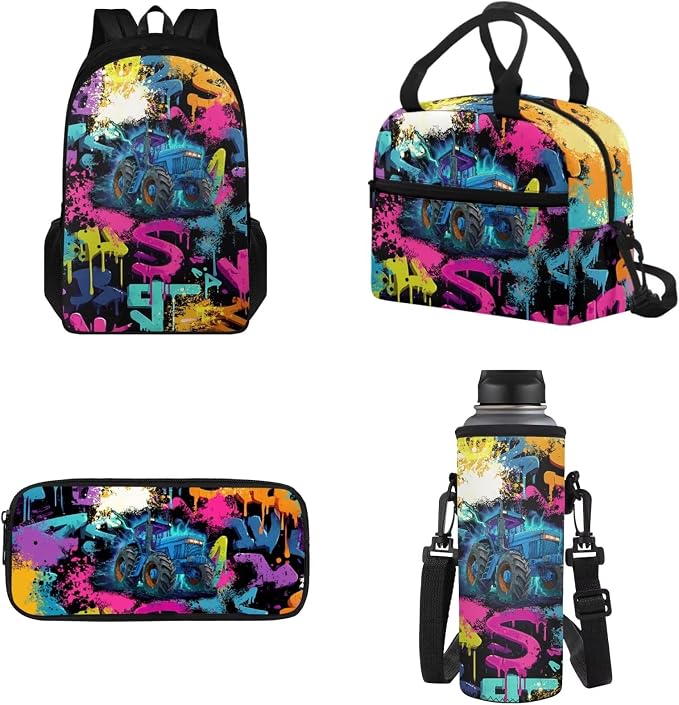 Boys Graffiti Tractor Backpack Set for School & Camping, Portable School Bags with Reusable Lunch Box Bag Pencil Case & Water Bottle Sleeve Teen Kids Bookbag by Tomeusey