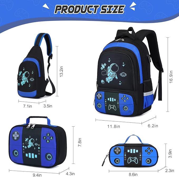 Bevalsa Backpack for School Boys, Cool Luminous Gamer Boys Schoolbag with Sling Bag,Lunch Box & Pencil Case for Kids Children Teens Elementary Middle School(Blue Astronaut Backpack with Shoulder Bag) - Image 2