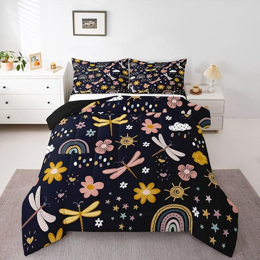 Erosebridal Rainbow Comforter Set, Cartoon Dragonfly Quilt Queen Size for Kids Girls Women Adult, Pink Flower Floral Duvet Insert Kawaii Iridescent Bedding Set 3Pcs with 2 Pillow Cases, Black Yellow by Erosebridal