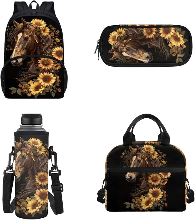 POLERO Sunflower Horse Backpacks for Girls Bookbag with Lunch Box Pencil Case Water Bottle Holder Teens Secondary School Bag Set - Image 2