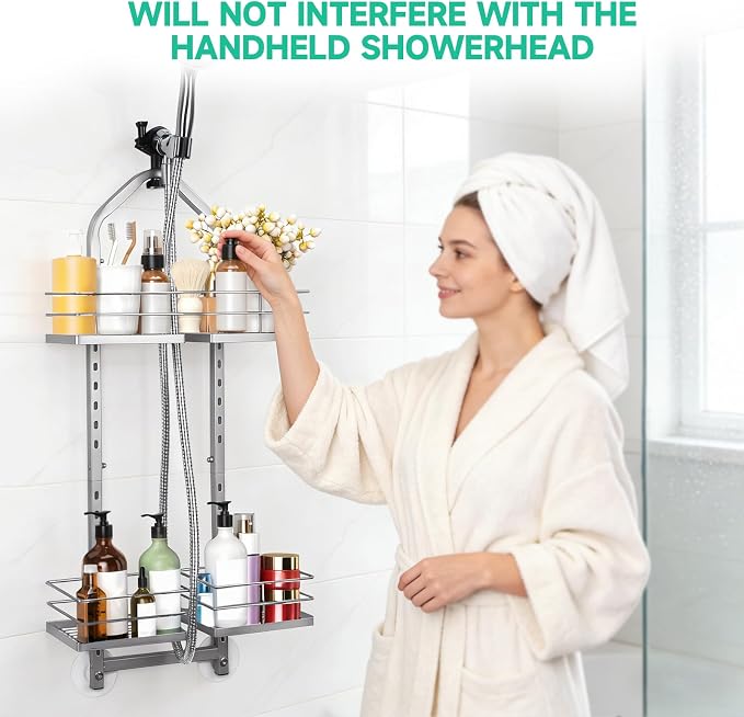 Shower Caddy Hanging for Handheld Showerheads Adjustable Hagging Shower Caddy, Stainless Steel Hose Hanging Shower Organizer 4 Levels Height Shower Rack (Sliver) - Image 9