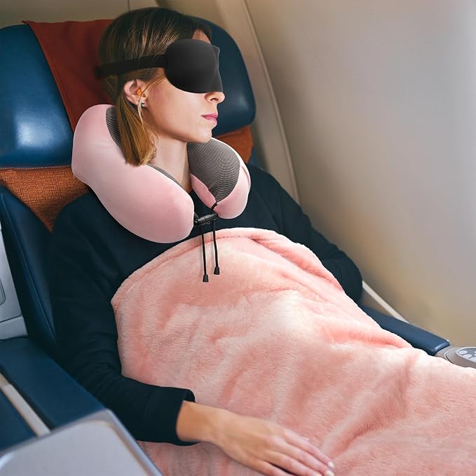urnexttour Travel Pillow and Blanket Set Neck Pillows Travel Essentials with Sleep Mask for Airplane Car Memory Foam Pink - Image 8