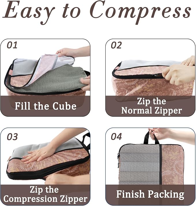U+U 4 Set Compression Packing Cubes - Ultralight Travel Organizers, Space-Saving Suitcase Organizer, Expandable Packing Cubes for Travel and Family Vacation (Paisley Pattern) - Image 6