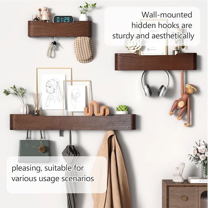 Coat Rack Wall Mount with Shelf 8 Hidden Hooks Modern Wooden Key Holder Entryway Organizer for Hallway Bedroom Bathroom Home Decor Storage for Hanging Coats Hats Bags Towels, Walnut - Image 7