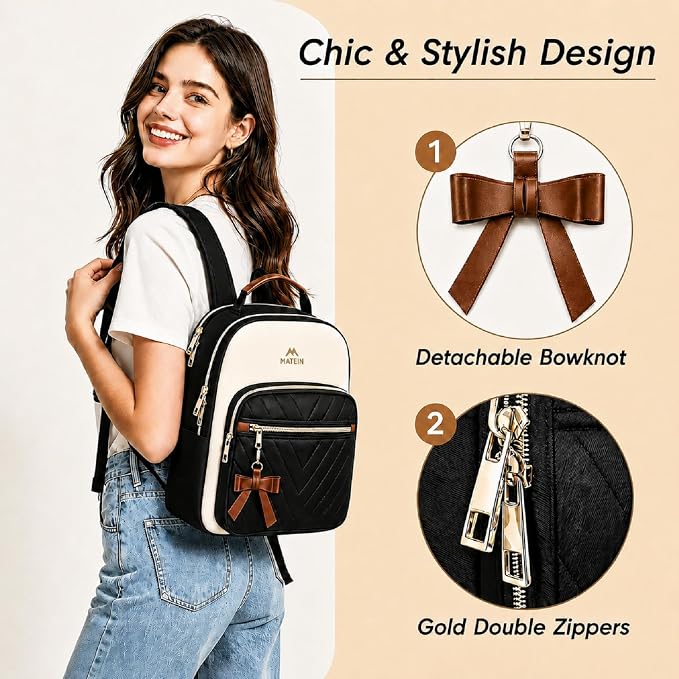 MATEIN Mini Backpack Purse for Women, Small Daypack, 2pcs Sets, Black-Beige | Waterproof Fashion Cute Backpack, Casual Daily Shoulder Bag Handbags, Ladies Girls Bookbag, for Travel Work School College - Image 5