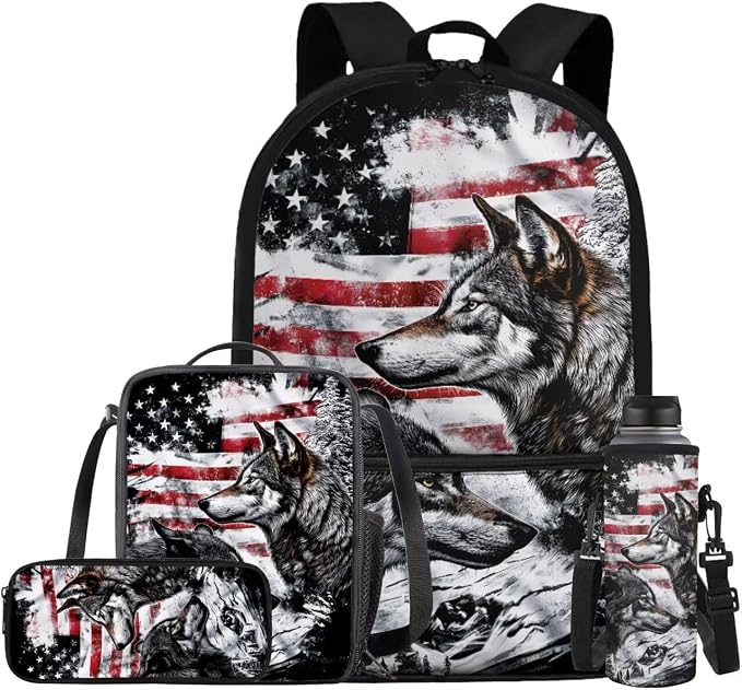 American Flag Wolf Backpack for Boys Kids Backpack with Lunch Box Water Bottle Bag and Soft Pencil Case 4PCS Set Bookbag with Front Pocket for School Teens 17 inch Large Capacity School Bag by ELEDIZI