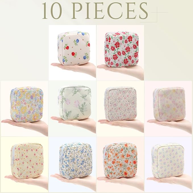 Paterr 10 Pcs Quilted Makeup Bag Bulk Cotton Floral Cosmetic Bag Women Girls Bridesmaid Gifts Cute Makeup Pouch Coquette Aesthetic Travel Toiletry Organizer(Floral Style,5.12 x 4.72 x 1.97 Inches) - Image 4